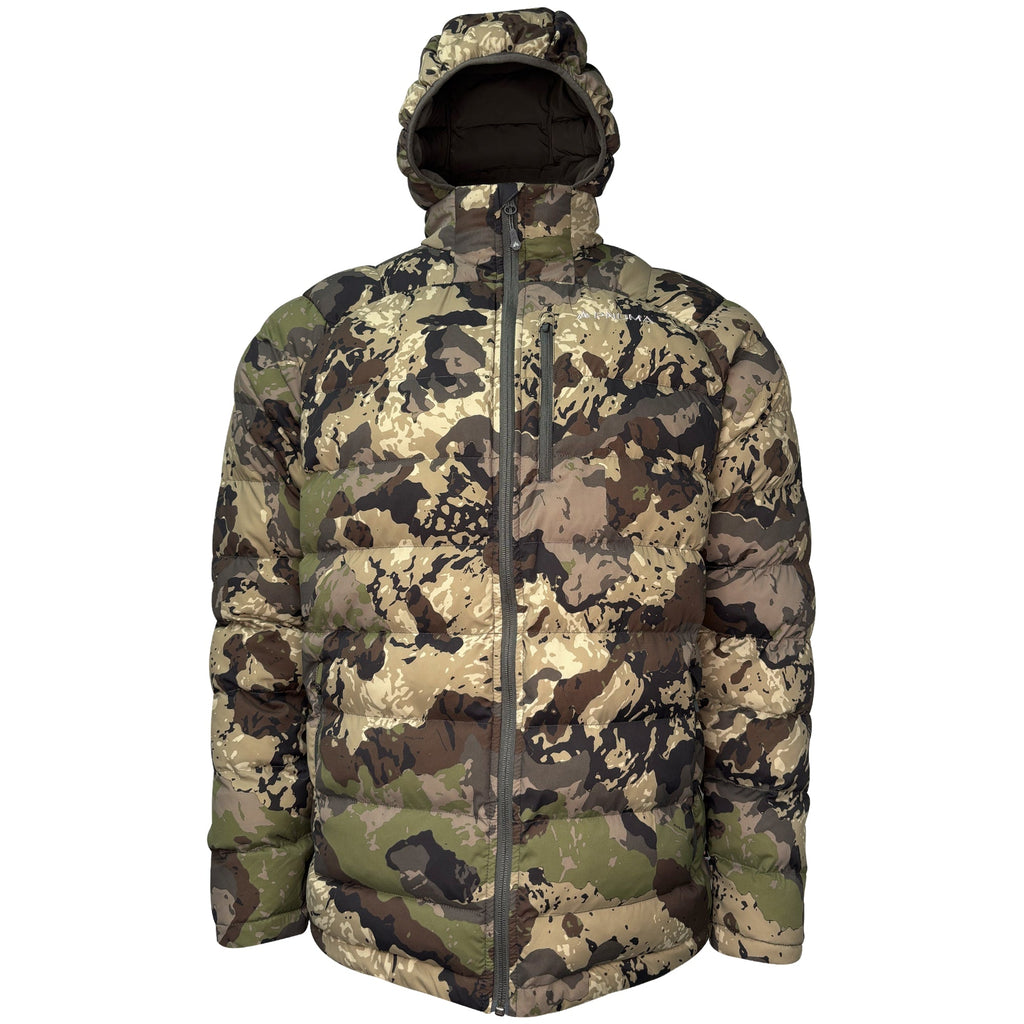 Camo puffy hunting jacket front caza full zip hooded