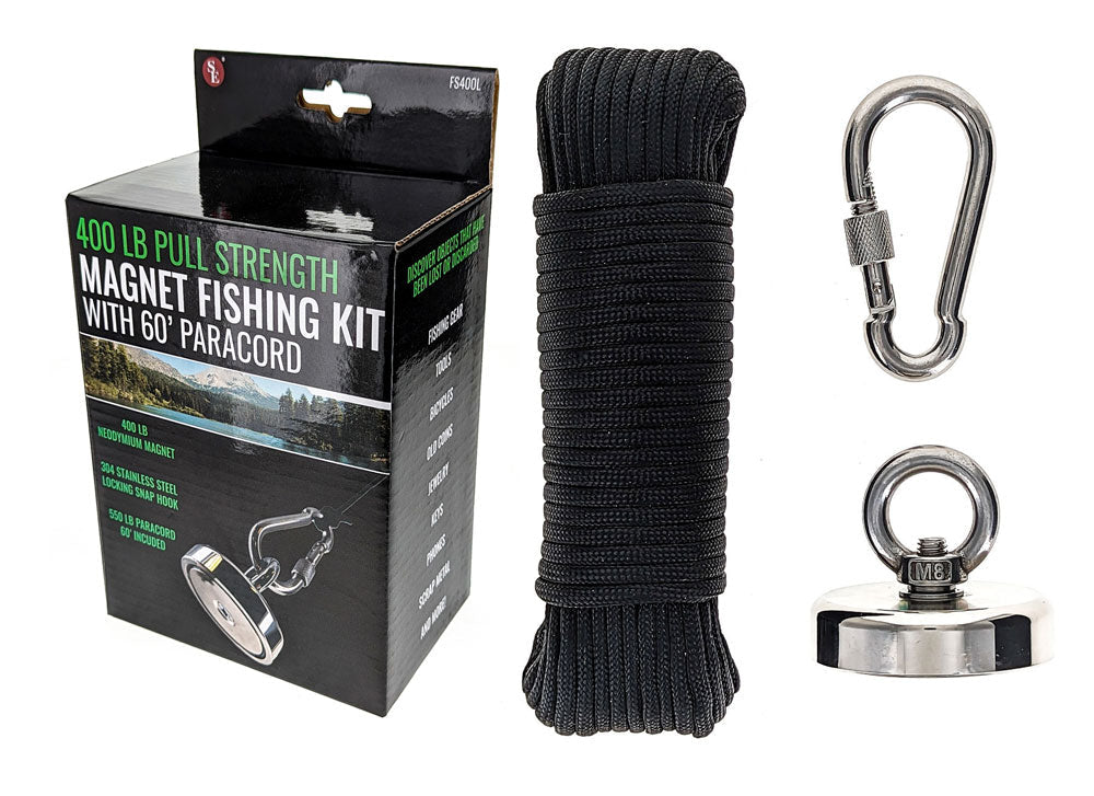 FS400L Magnet Fishing Kit With 60 ft Paracord and 400 LB Pull Strength Magnet