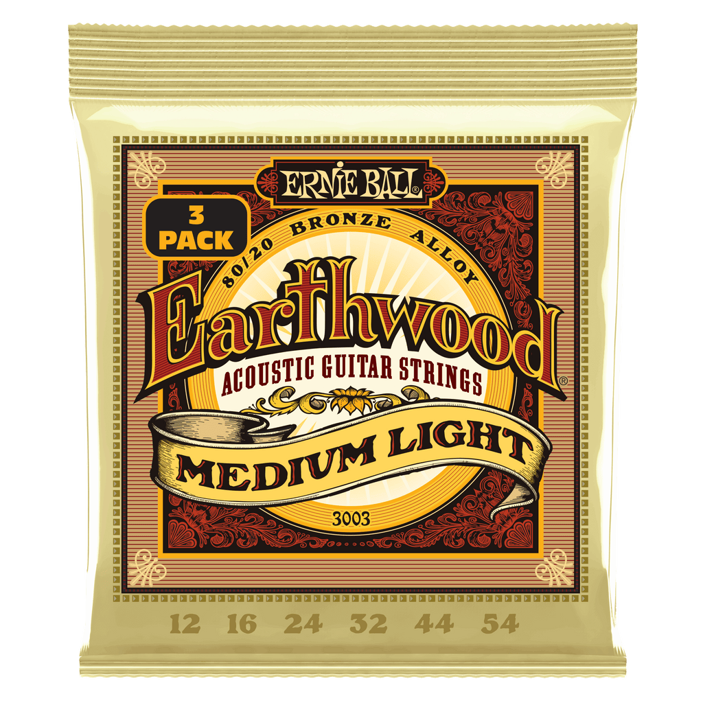 P03003 Ernie Ball 3-PACK (3003) Medium Light Earthwood 80/20 Bronze Acoustic Guitar Strings 12-54 Gauge - 3 Pack