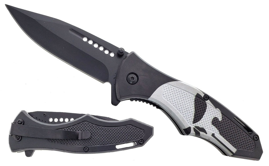 SG-KS1973SK 7.75 inch Overall Skull Design Folding Knife - Black