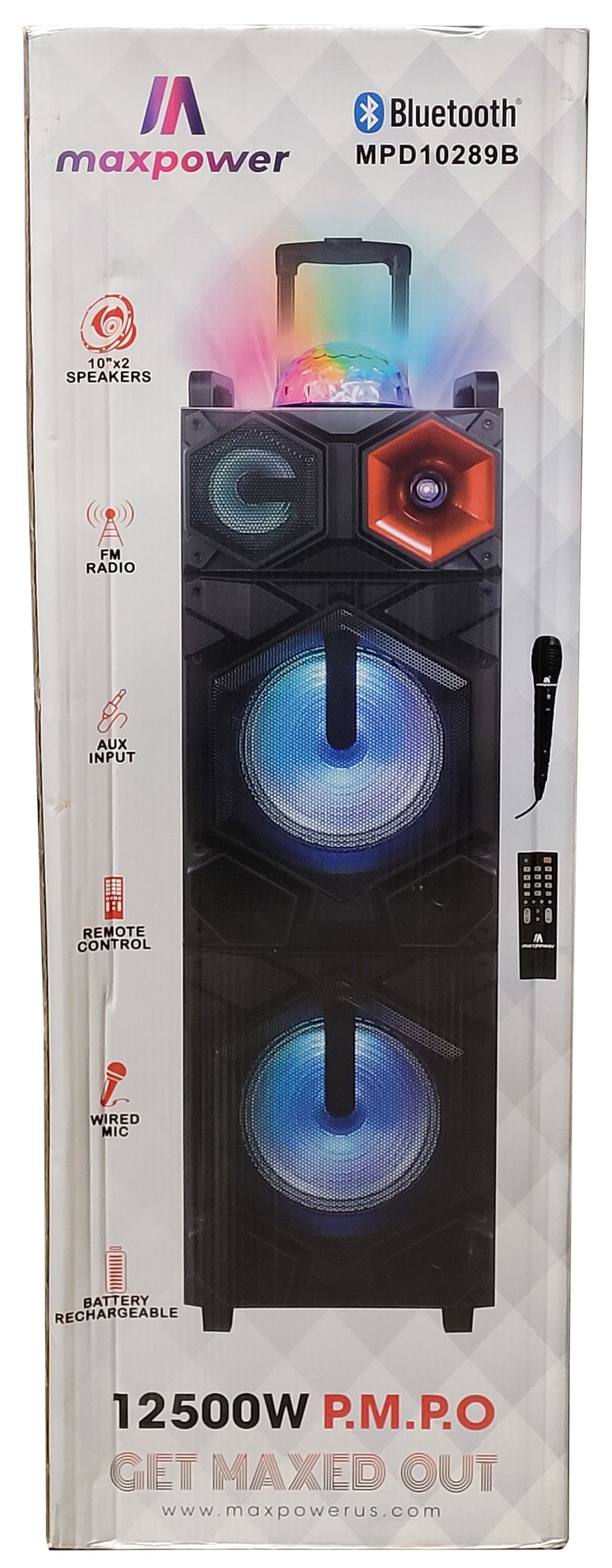 MPD10289B Maxpower 10 x 2 DJ Speaker Rechargeable battery, USB, SD, Bluetooth