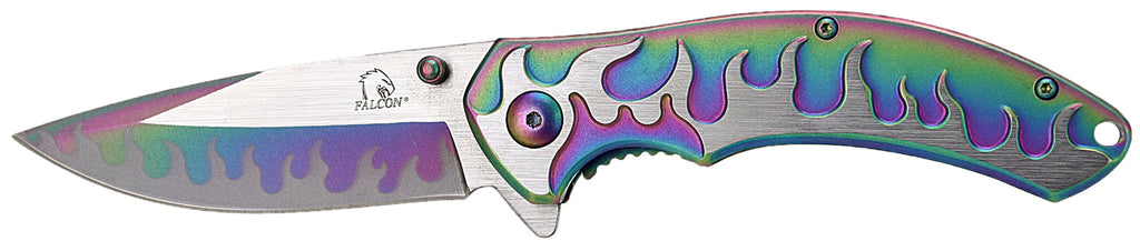 SG-KS3082RB Rainbow Gradient And Stainless Flames Knife - Thumb Assist - 3.25-In Blade