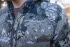 Camo puffy jacket front caza OV full zip hooded lifestyle front chest pocket logo embroidery