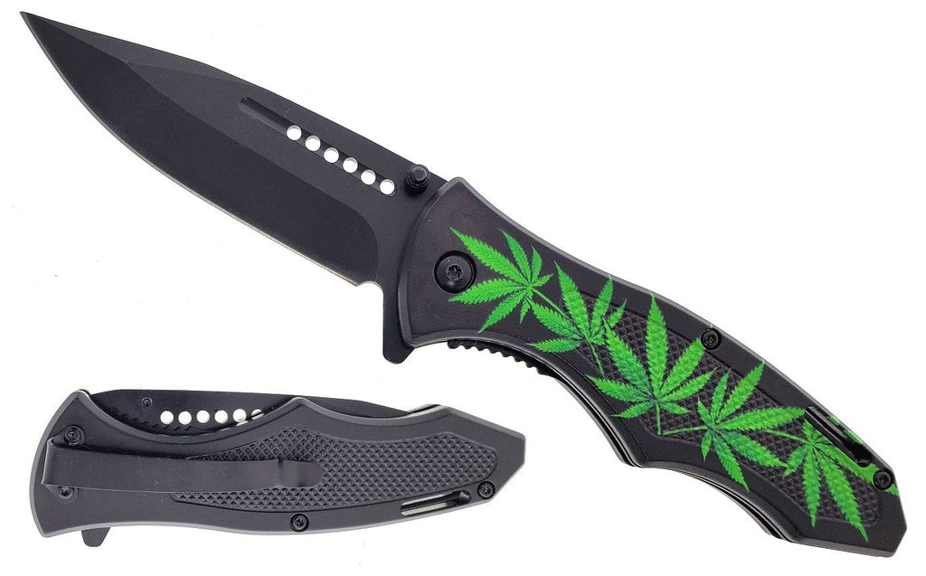 SG-KS1973GM 7.75 inch Overall Weed Leaf Design Folding Knife - Black