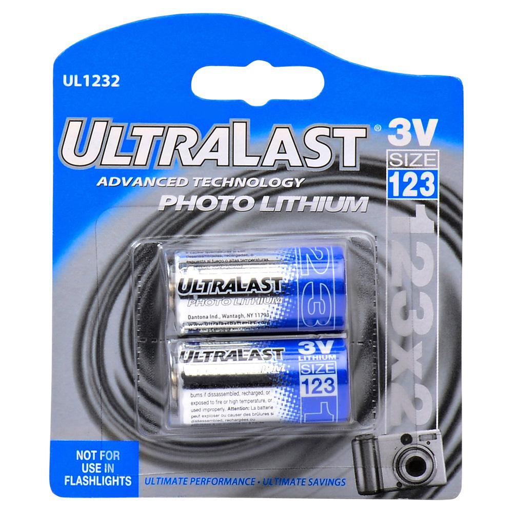 UL1232 Ultralast CR123A 3 Volt 2 Pack Photo Lithium Battery Non-Rechargeable Blister Card