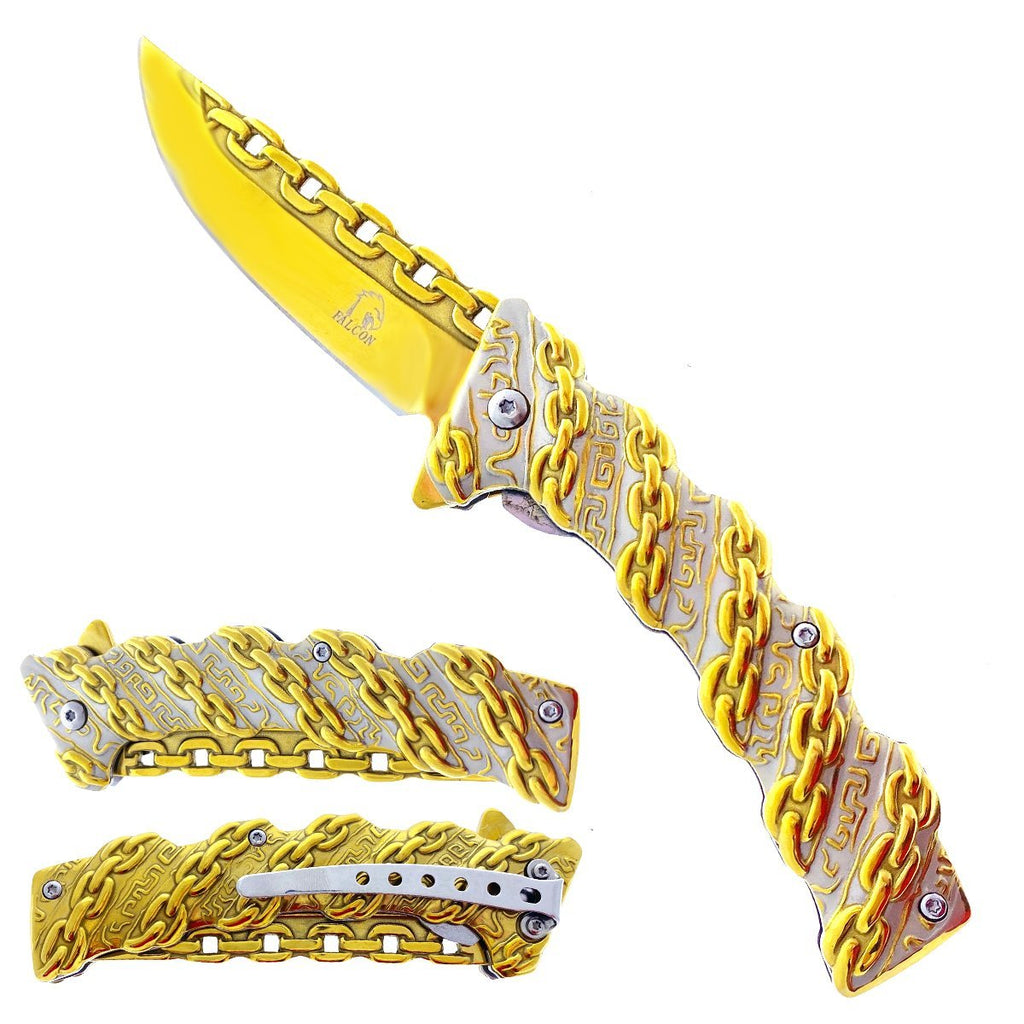 SG-KS3602GD 8 inch Chain Design Folding Knife - Gold